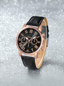 14件套女士PU皮表带石英表，简约三表盘罗马数字表盘，礼盒套装（不含表盒） - 玫瑰金 - 查看 2