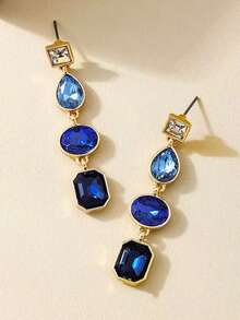 1 Pair Fashionable European And American Geometric Rhinestone Earrings, Vintage Palace Style Gradient Earrings, Versatile High-End Earrings Suitable For Women's Daily Wear - Blue - View 6