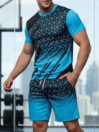 Set de 2 piezas de camiseta de manga corta y pantalones cortos con estampado geométrico para hombre