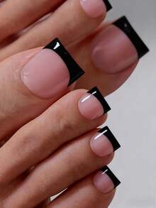 60片装短/长美甲贴纸套装，黑色和粉色法式软胶美甲贴纸组合，适合所有女性和女孩，法式美甲设计，日常佩戴美甲贴纸 - 黑色 - 查看 6