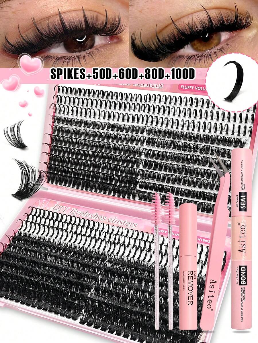 Asiteo 737pcs D-Curl Fluffy Eyelash Extension Kit, Includes Lash Glue, Remover, Tweezers And Brush, High Capacity Pointed Tip +50D+60D+80D+100D Individual Lashes, Mixed Natural & Delicate, Soft & Comfortable, Long-Lasting, Creates Fluffy Natural Y2K Style Fake Lashes.