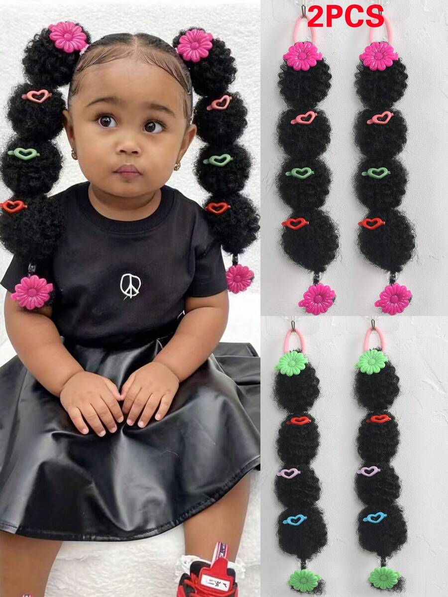Set de 2 pinzas para cola de caballo con decoración de flores coloridas para niñas afroamericanas con cabello rizado, accesorios para el cabello de colores aleatorios para niños