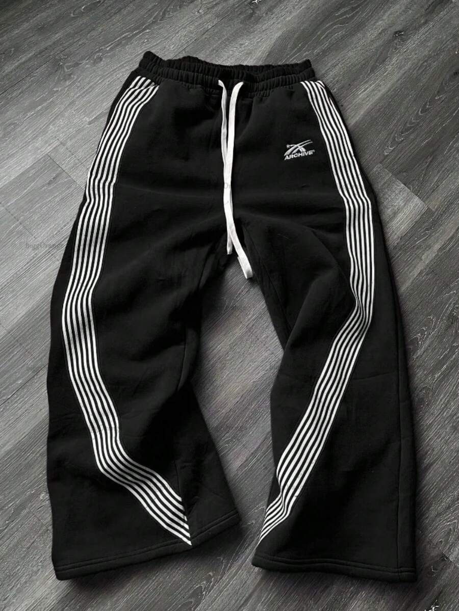 Retro American Side Stripe Sweatpants | Street Hip Hop Print Joggers | Unisex Loose Casual Pants | Color Block Athletic Trousers - K12黑色 - 查看 1