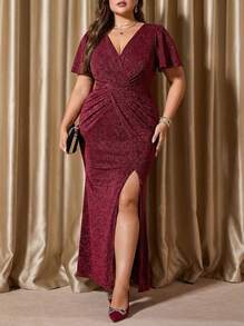 Voworia Plus Size Women's Silver Thread Butterfly Sleeve Fitted Slit Hem Dress, Party Dress, Birthday Dress, Shiny Dress, Christmas Dress, Red Dress - Hot Pink - View 1