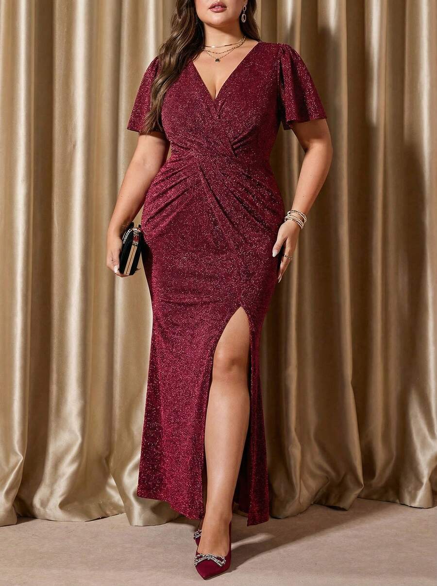 Voworia Plus Size Women's Silver Thread Butterfly Sleeve Fitted Slit Hem Dress, Party Dress, Birthday Dress, Shiny Dress, Christmas Dress, Red Dress - Hot Pink - View 1