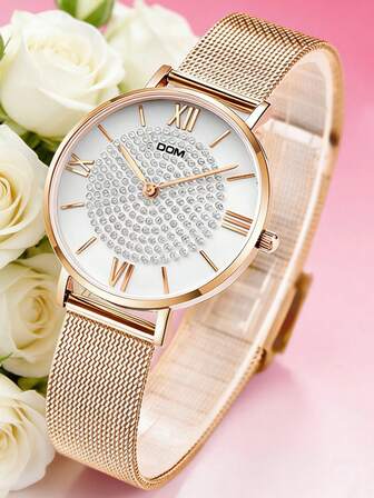 DOM 1 buc. Ceas de damă la modă Milanese Mesh Band Business Casual Gold Quartz impermeabil cu afișaj calendaristic în formă de inimă, potrivit pentru purtare zilnică și decor, cadou excelent pentru prietene sau mame