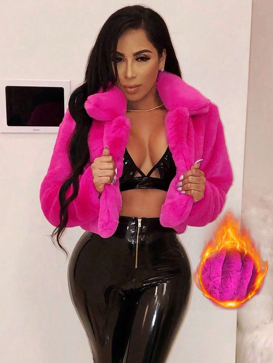 Loose Solid Color Cropped Plush Jacket, Autumn/Winter - Hot Pink - View 1
