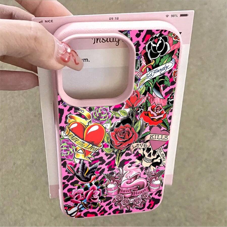 1pcs Pink Leopard Tattoo Roses Skull Heart Phone Case Suitable For Apple Phone 11 12 13 Pro Xs Max XS X 14 15 16 Plus 17ProMax Silicone Shock Proof Vintage Funky Cute Fashion Can Be Given To Friends You Can Give It To Yourself - Hồng - Xem 1
