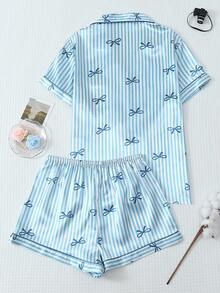 Bộ đồ ngủ nữ 2 món gồm áo tay ngắn cổ bẻ và quần short thắt nơ bằng vải satin kẻ sọc, thích hợp cho mùa xuân/hè. - Màu xanh lam - Xem 2