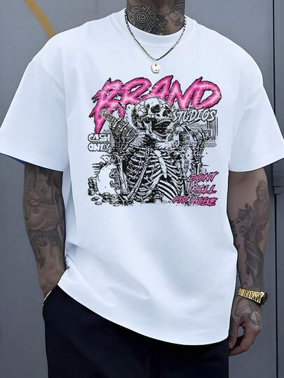 Skeleton Holding Cash And Gun Symbolizing Bold Rebellion And Unapologetic Attitude 100% Cotton Size Plus Men's 220g Graphic Tshirt