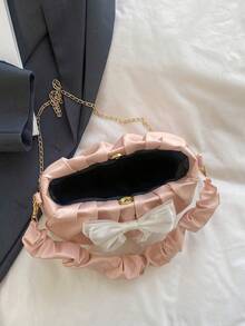 轻便商务休闲蝴蝶结装饰褶皱单肩包，女士手提包，适合女士、办公室、大学、工作、商务、通勤、户外活动、旅行、野餐、情人节礼物 - 粉色 - 查看 5