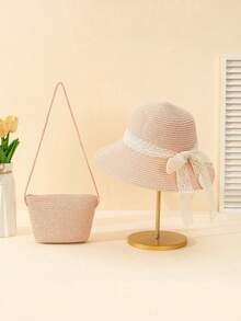 2pcs/Set Teenage Girls Pearl, Mesh, Lace & Bow Decor Fisherman Sun Hat & Solid Color Straw Crossbody Bag Combo, Sweet & Fashionable For Summer Outdoor, Beach, Wedding, Holiday Gift - Multicolor - View 14