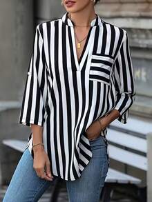 Asymmetrical Elegant Directional V-Neck Pocket Striped Print Shirt Vacation Spring Black - Black - View 7