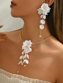 2pcs/Set Resin Faux Pearl Shell White Flower Tassel Bridal Elements Women Elegant Necklace & Earrings Jewelry Set - Multicolor - View 3