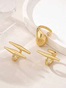 Set de 3 anillos de estilo metal geométrico y punk, versátiles para vacaciones y uso casual, para mujeres - Dorado - Ver 5