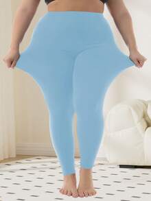 Quần legging ôm sát cạp cao màu trơn cỡ lớn, co giãn và mềm mại dành cho nữ, quần tập yoga, quần bó thể thao thường ngày mùa xuân. - Màu xanh nhạt - Xem 3