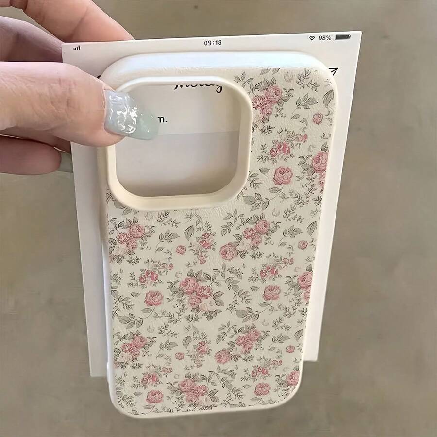 Casing Ponsel Kulit Minimalis Warna Pink Putih dengan Motif Bunga dan Tekstur Kulit, Kompatibel dengan iPhone 16 Pro Max, 17/16/15/14 Plus, 13/12/11, Air, Series, Hadiah Ulang Tahun Musim Semi - MultiWarna - View 1