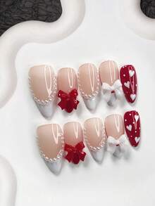 10pcs French Manicure Gel Nail Kit, Acrylic Press-On Nails, 3D Red & White Bow Nail Decor, White Rhinestone Trim Design, Hand-Painted Asymmetrical White Heart, Polka Dot Nail Art, White & Red Nail Polish Nail Supplies - Nhiều màu - Xem 18