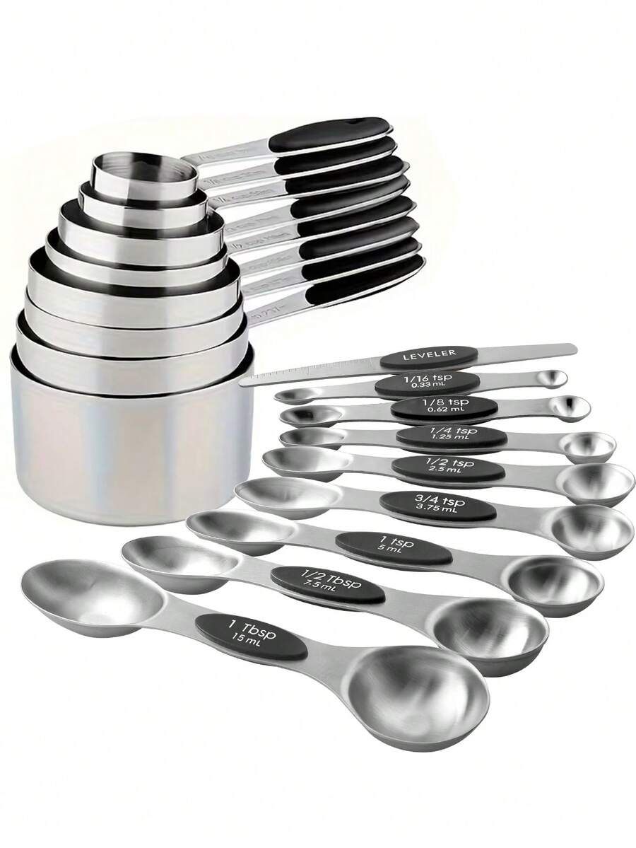9pcs, Stainless Steel Measuring Cup And Spoon Set, Heavy-Duty Measuring Scoop, Double-Sided Magnetic Measuring Spoons, Used For Tea, Coffee, Dry And Liquid Ingredients, Baking Tools, Kitchen Stuff - - - View 1