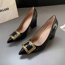 Metal Square Buckle High Heel Pumps, Chunky Heel Pointed Toe Slip-On Dress Shoes, Fashionable & Versatile, Sexy Work Shoes, Spring/Autumn - Black - View 6
