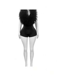 Fashion Casual Women's Elegant Feathers Deep V Halter Neck Sexy Fashion One-Piece Shorts Women Black Feather Spliced Satin Set - Luxury Deep V Top & High Waist Shorts Two-Piece For Party & Club - 黑色 - 查看 4