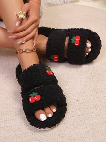 Spring/Summer Casual Cute Cherry Embroidered Plush Open Toe Slippers, Soft & Comfortable Lightweight Sole, Suitable For Living Room And Bedroom, All Season - Black - View 7