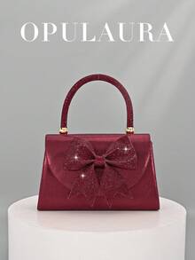 OpulAura 女士欧美风酒红色缎面翻盖晚宴包，闪亮优雅的蝴蝶结和水钻装饰派对手拿包，奢华正式礼服包，链条单肩包，适合晚宴、派对、生日派对、新娘手拿包、婚礼配饰 - 酒紅色 - 查看 1