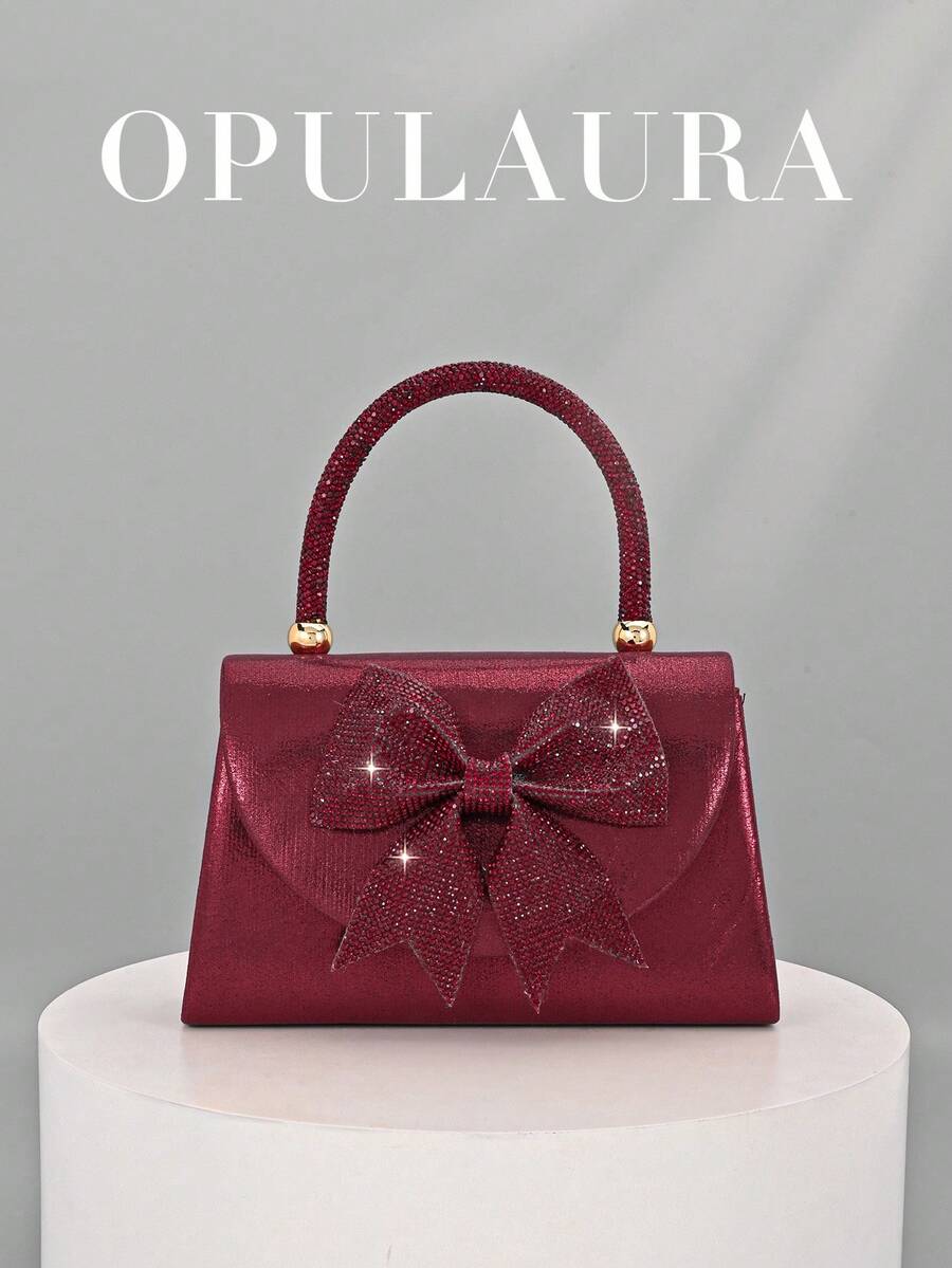 OpulAura 女士欧美风酒红色缎面翻盖晚宴包，闪亮优雅的蝴蝶结和水钻装饰派对手拿包，奢华正式礼服包，链条单肩包，适合晚宴、派对、生日派对、新娘手拿包、婚礼配饰 - 酒紅色 - 查看 1