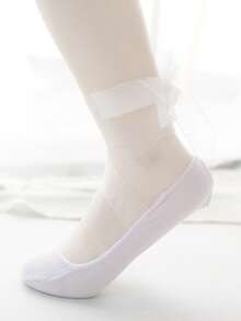 1 đôi tất nữ buộc dây ruy băng, kiểu dáng nông, mỏng, chống trơn trượt, thoáng khí, thấm hút mồ hôi, không lộ tất. - trắng - Xem 9