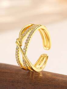 1 buah cincin silang yang modis, serbaguna, minimalis, desain unik, elegan, dan mewah, cocok untuk dipakai sehari-hari. - Yellow Gold - View 2
