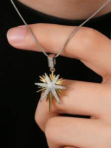 1pc Fashionable Retro Personalized Versatile Style Micro-Paved Cubic Zirconia Pendant Copper Color-Blocked Eight-Pointed Star Pendant Necklace, Can Be Worn By Both Men And Women, Suitable For Daily Travel And Vacation Decoration, Valentine's Day, Birthdays, And Preferred Gifts - Multicolor - View 2