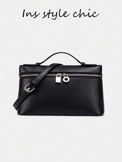新款多功能女士包，可作午餐盒包、手提包、单肩包和斜挎包使用。简约时尚的纯黑色鳄鱼纹面料盒形包，搭配顺滑的五金拉链，顶部单提手，可调节长肩带，可单肩、斜挎或手提使用。内部空间可容纳口红、钥匙、化妆品和其他日常用品，适合女性通勤、外出购物、约会和日常场合使用。
