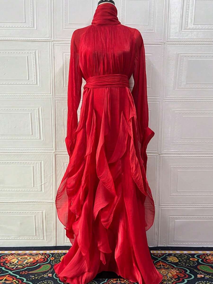 Vestidos Elegantes De Mujer,Women's Elegant And Stylish Ruffled Fitted Dress - Đỏ - Xem 1
