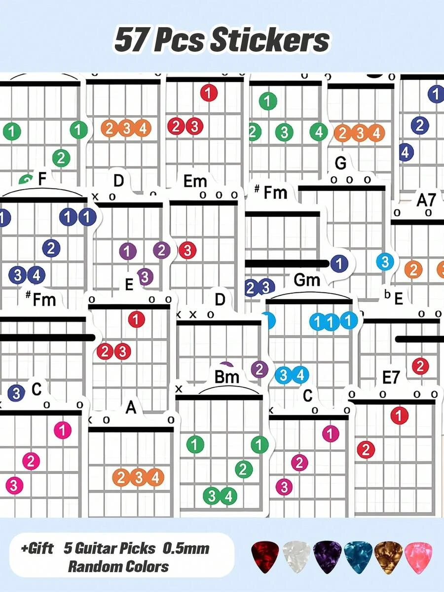57张吉他和弦贴纸，防水贴纸，用于乐器自学和练习（+赠送5个吉他拨片） - 彩色 - 查看 1