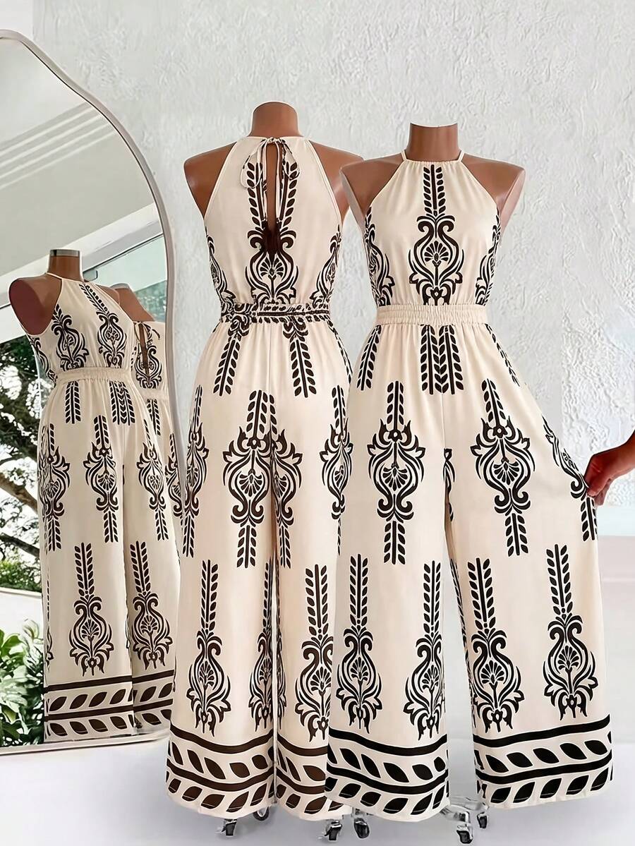 Black Floral Print Halter Neck Jumpsuit: Back-Tie Detail With Fitted Waist In White For Resort Vacations, Garden Parties And Modern Style For Women. - 混合色 - 查看 1
