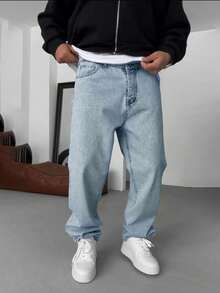 直筒水洗棉质牛仔裤，百搭阔腿水洗牛仔裤，情侣宽松直筒牛仔裤