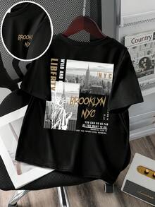 Tween Boy Slogan & Building Print Round Neck Short Sleeve Casual T-Shirt - Black - View 3