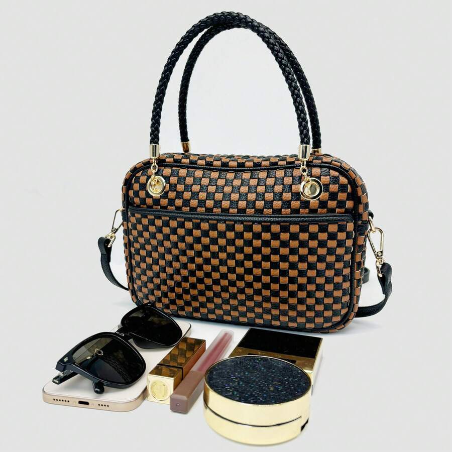 Checkered Crossbody Bag For Women Shoulder Plaid Handbags Top Handle Satchel Bag Woven Bum Bag Stylish Woven Crossbody Bag PU Leather - 咖啡黑格 - 查看 1