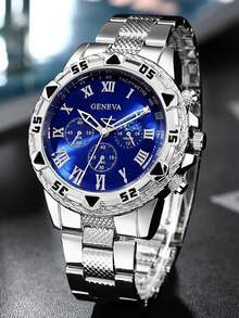 3pcs Minimalist Business Men's Quartz Watch Set, Silver Accessories, Paired With Silver Alloy Band Quartz Watch. This Chain Set Includes One Multifunction Chronograph Watch, One Silver Chain Bracelet And One Long Necklace, Primarily In Blue Tone, With Roman Numeral Dial And Chain Decoration Details. - Silver - View 5