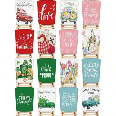 4 stuks decoratieve stoelhoezen voor de feestdagen, seizoensgebonden eetkamerstoelhoezen voor Valentijnsdag, St. Patrick's Day, Pasen, de lente, afneembare schattige stoelbeschermers, decoratie voor thuis en keuken