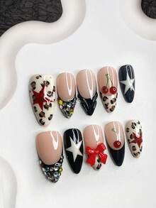 10pcs Cute & Stylish French Manicure Set, Acrylic Press-On Nails, 3D Red Bow Nail Decor, Colorful Rhinestone Design, Hand-Painted Red & White Star, 3D Red Cherry Nail Art, Autumn/Winter Theme, Black Nail Polish, Manicure Tools Included Nail Supplies Handmade Press On Nails - Multicolor - View 12