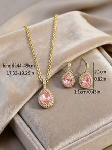 一套优雅水滴形粉色微镶嵌立方氧化锆项链和耳环，奢华复古设计，高端优雅珠宝套装，适合女性，宴会、派对、日常佩戴、节日等场合。 - 粉色 - 查看 8