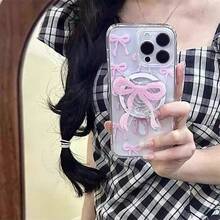 Fashionable New Pink Bow Magnetic Phone Case With Stand Suitable For IPhone 17 Pro Max, 16, 14 Plus, 13, 12, Acrylic Camera Hole, Transparent Magnetic Protective Cover - Pink - View 4