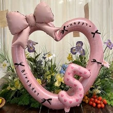 1 Set 40-Inch Giant Pearl Pink Heart Shaped Foil Balloon, 16-Inch Pink Number Balloons, Decorated With Black Ribbon Bow And "Happy Birthday" Sticker, Suitable For Birthday Celebrations, Outdoor Events, Anniversary, And As Wedding Decor Background - Multicolor - View 6