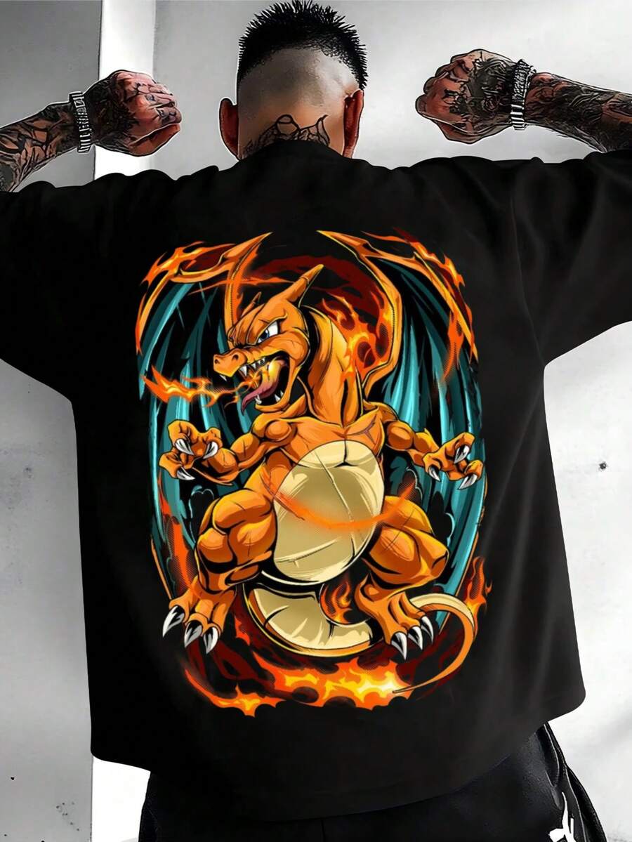 1 Piece Men Cotton Solid Color English Letter Charizard Printed Short Sleeved Round Neck T Shirt Suitable For Daily Wear Going Out Leisure Sports School Travel Family Gatherings And Other Occasions Short Sleeved T Shirt Summer T Shirt Multiple T Shirts Can Be Given As Gifts To Family Members 2000s Y2k Style - Negro - Ver 1