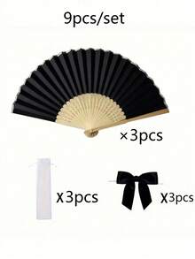3-60pcs/Set Elegant Folding Hand Fan Set, Includes Bow Tie And Gift Bag, Bride's Bamboo Handheld Fan, Suitable As Bridesmaid Gift And Wedding Decor, Perfect For Parties, Events, And Summer Accessory - Black - View 11