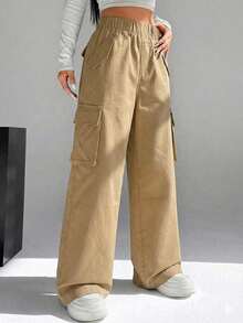 1pc Teen Girls Casual Loose Straight Leg Pants, Fashionable Personalized Street Style Multi-Pocket Cargo Pants, Suitable For Spring, Summer, Autumn, Winter - Khaki - View 2