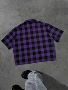 WAIT HIM Camisa casual de manga corta con estampado de cuadros para hombres - Morado - Ver 2