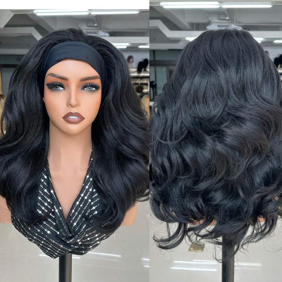18英寸黑色卷曲波浪合成假发，带发带，Yaki波浪造型，适合女性，外观自然。 - 黑色 - 查看 1