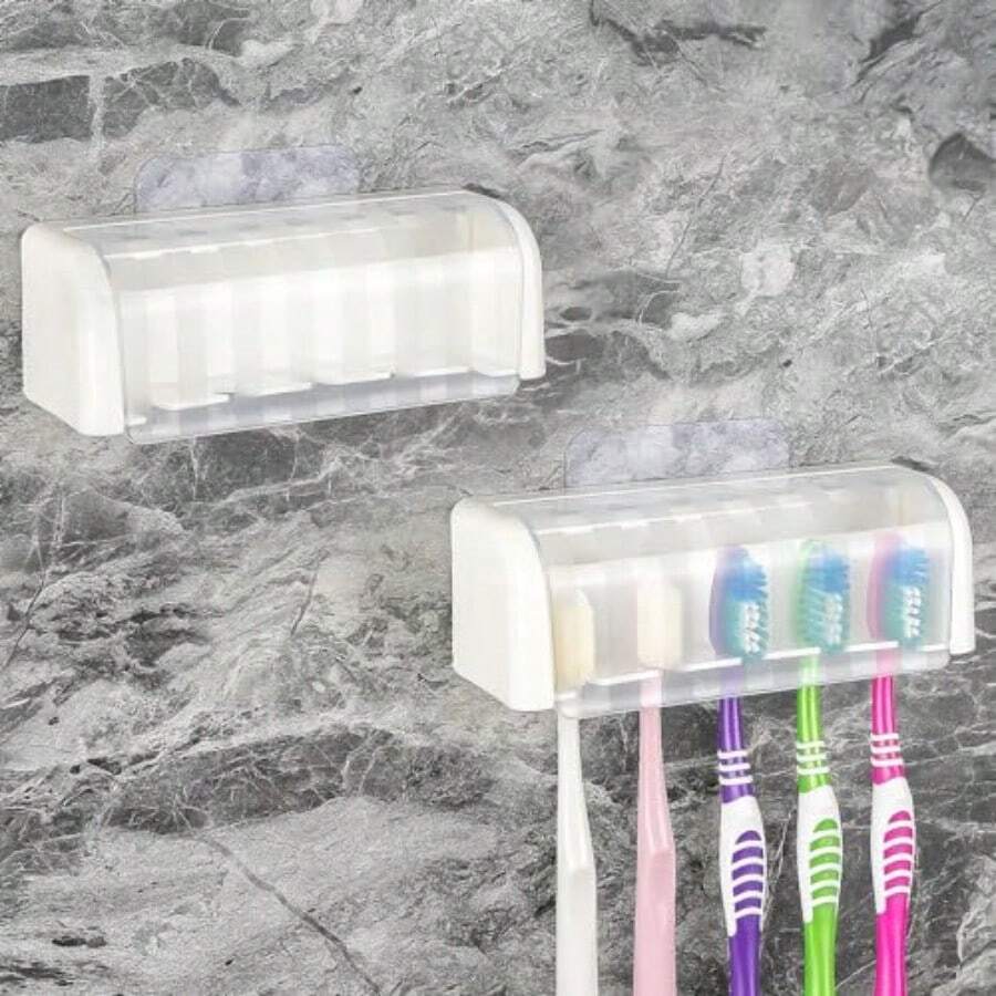 5 Slots Wall Mount Toothbrush Holder With Cover Self Adhesive Toothbrush Storage Organizer For Shower Toothbrush Hanger With Automatic Toothpaste Squeezer Dispenser - White 2 Pack - 查看 1